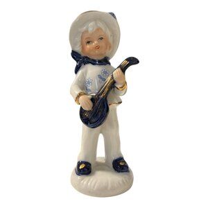 Vintage Enesco Porcelain Figurine Boy With Guitar 1980 Blue White Gold Trim
